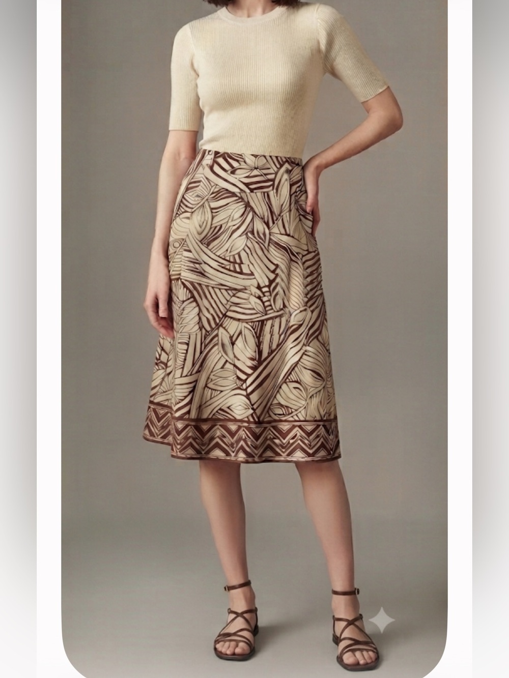 Cotton A-Line Midi Skirt Brown Leaf Pattern Tribal Beaded Hem NWT Bamboo Traders